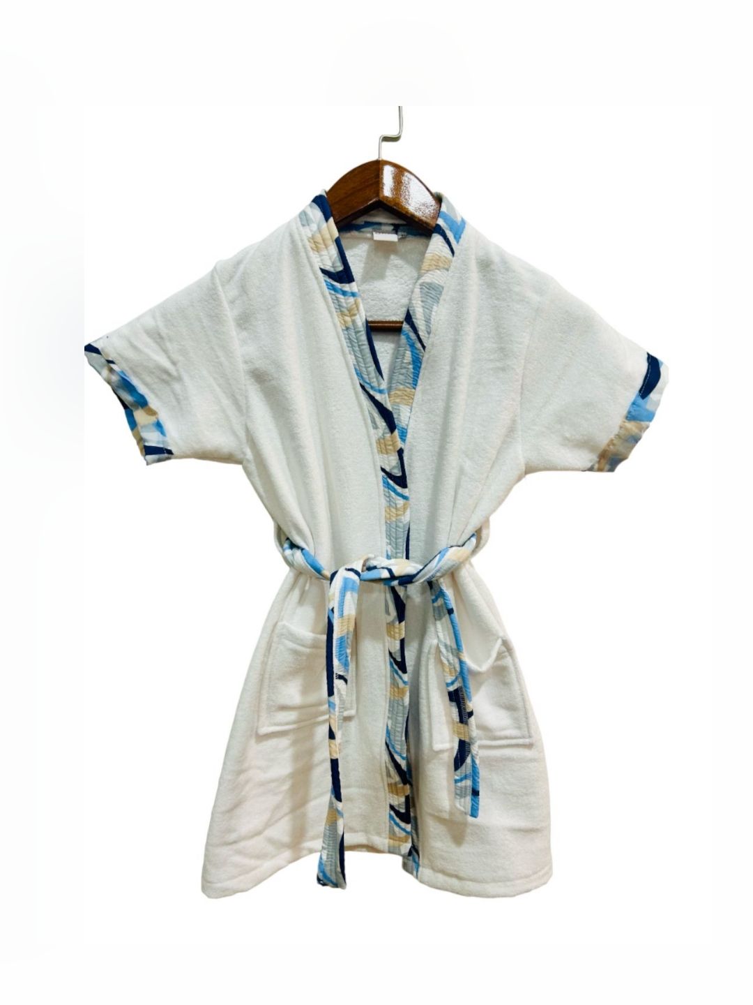 GAB White & Blue Kids Pure Cotton Bath Robe With Belt