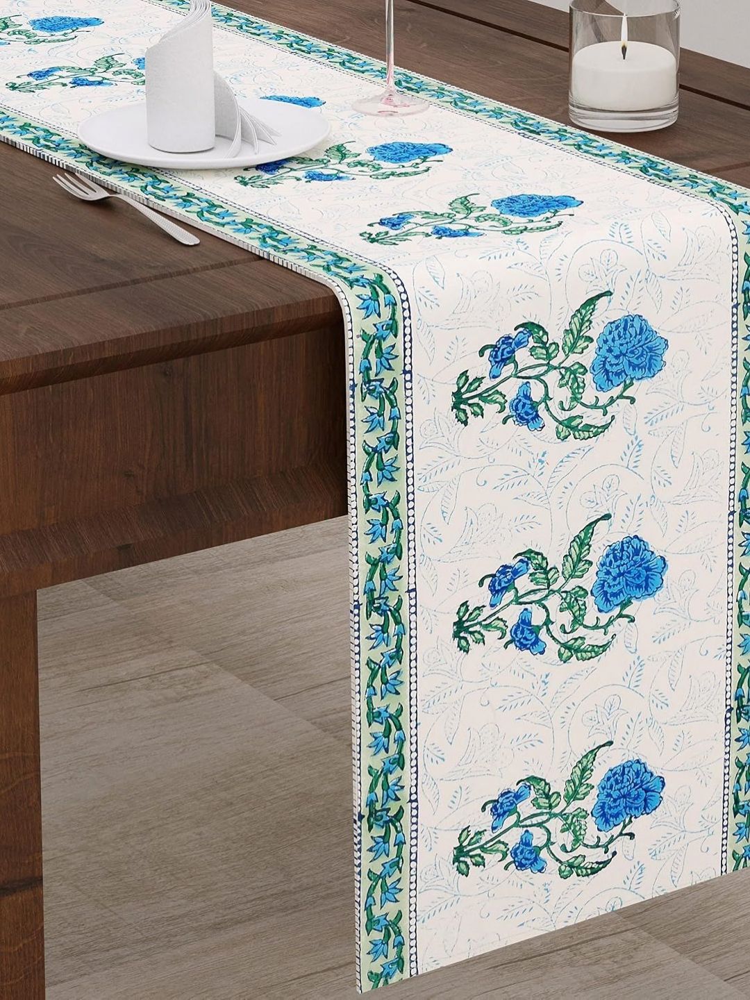 BLOCKS OF INDIA  White & Blue Floral Printed Pure Cotton Table Runner
