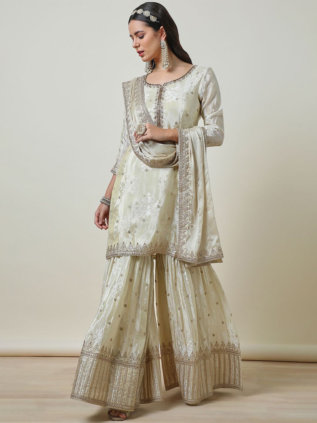 Embroidered Straight Kurta Set Soch Cream Floral Embroidered Notch Neck Zari Straight Kurta With Sharara & Dupatta