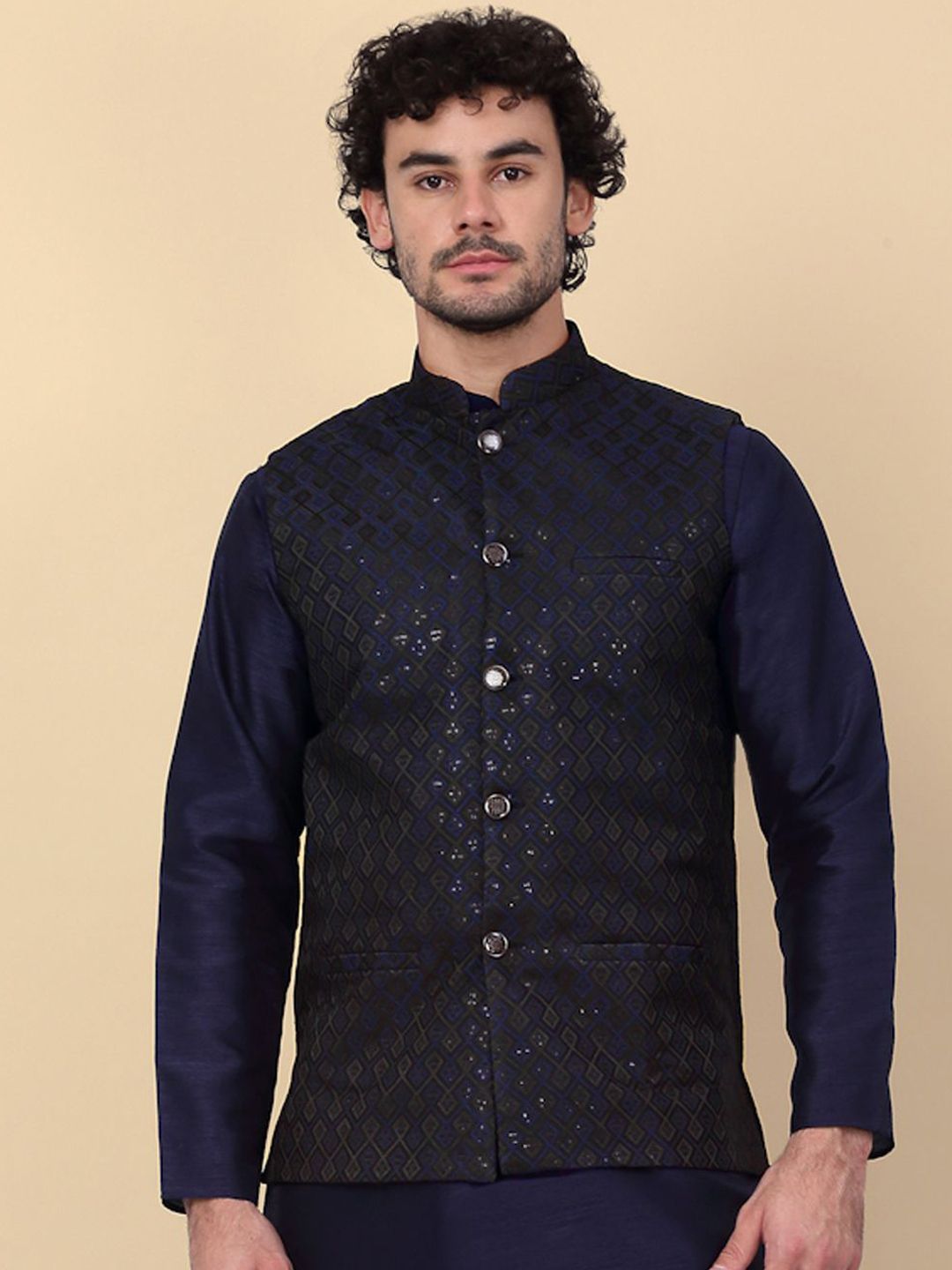 KRAFT INDIA Embroidered Sequins Jacquard Nehru Jacket