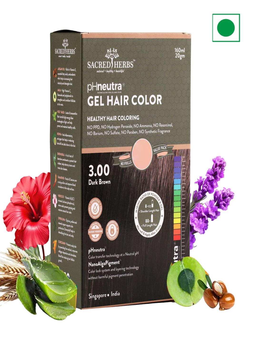 SACRED HERBS pH Neutra Semi Permanent Natural Gel Hair Color 160ml - Dark Brown 3.00