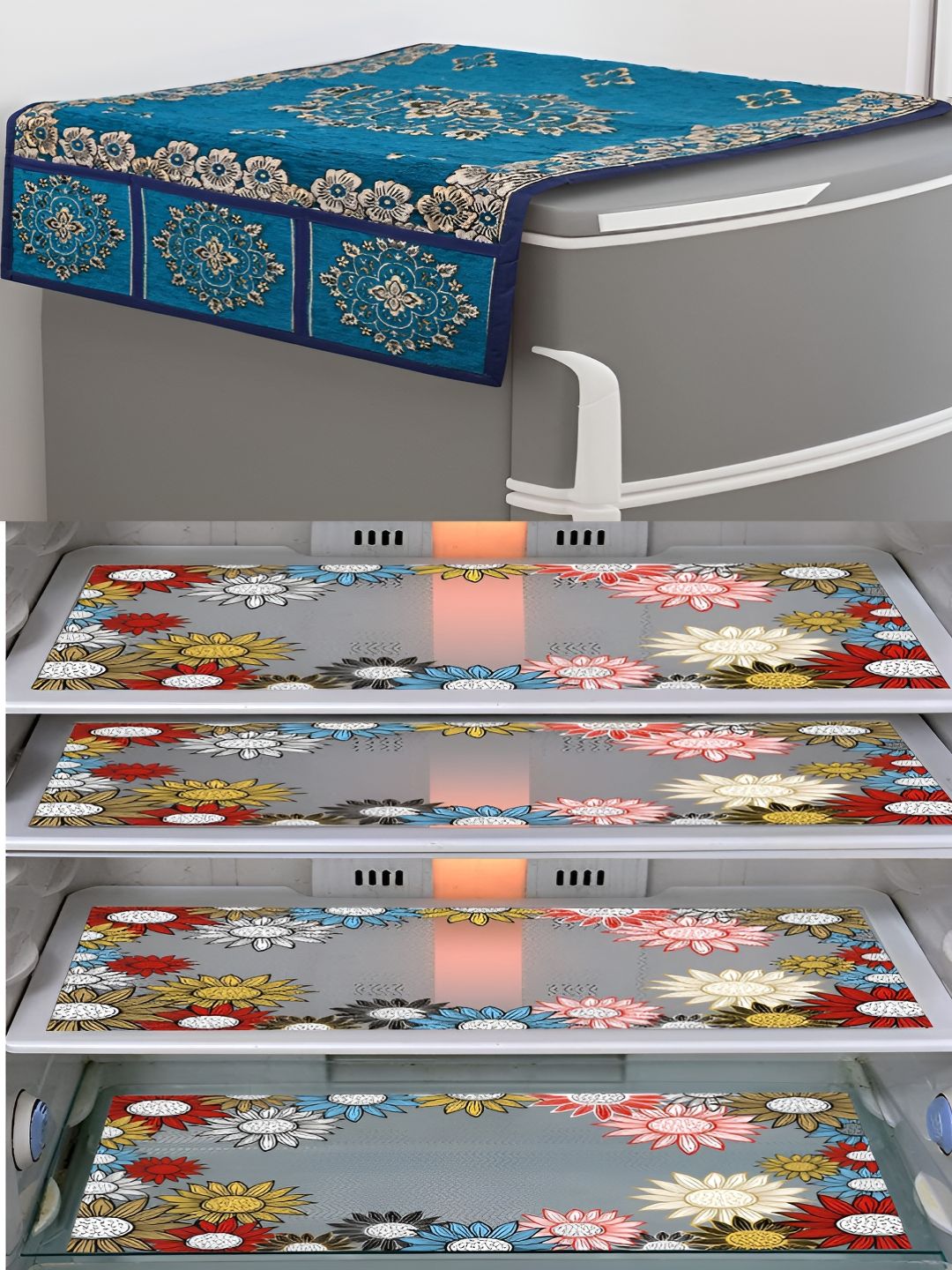 LooMantha Voilet & Transparent 5 Pieces Printed Fridge Cover Side Storage & Fridge Mat
