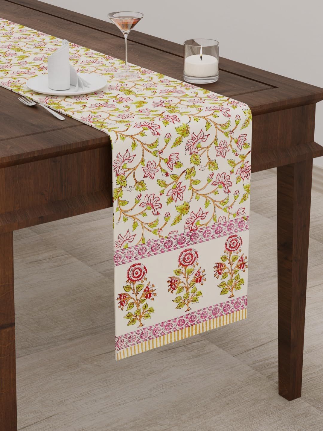 BLOCKS OF INDIA Green & Pink Floral Printed Pure Cotton Table Runner