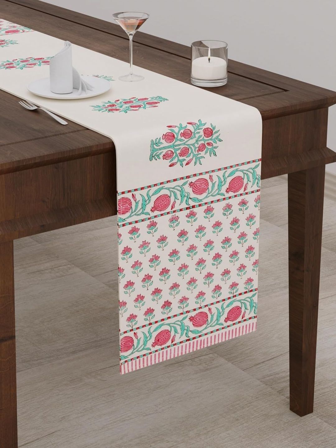 BLOCKS OF INDIA Cream Coloured & Pink Floral Printed Pure Cotton Table Runner