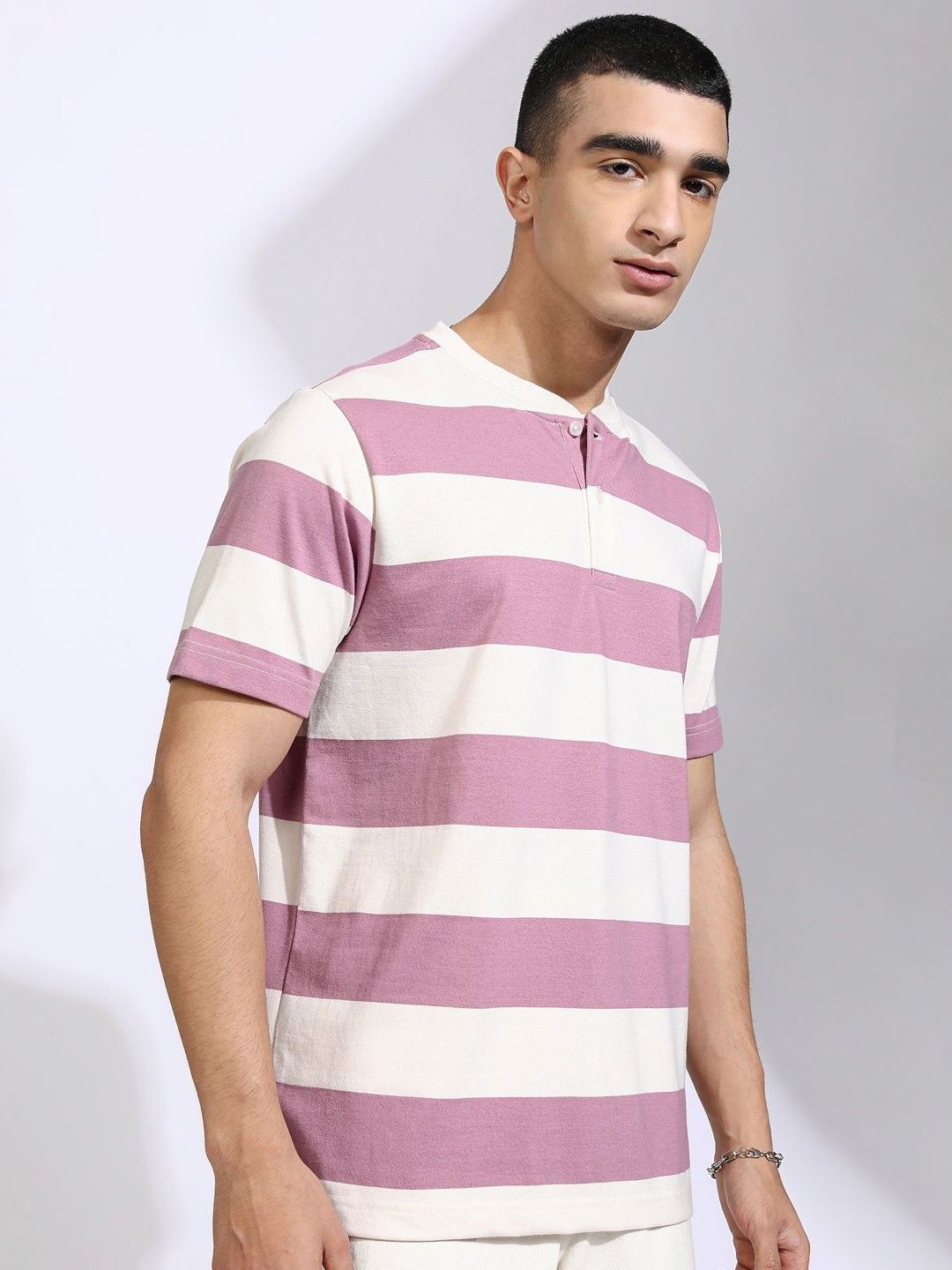 HIGHLANDER Striped Henley Neck Relaxed Fit T-shirt