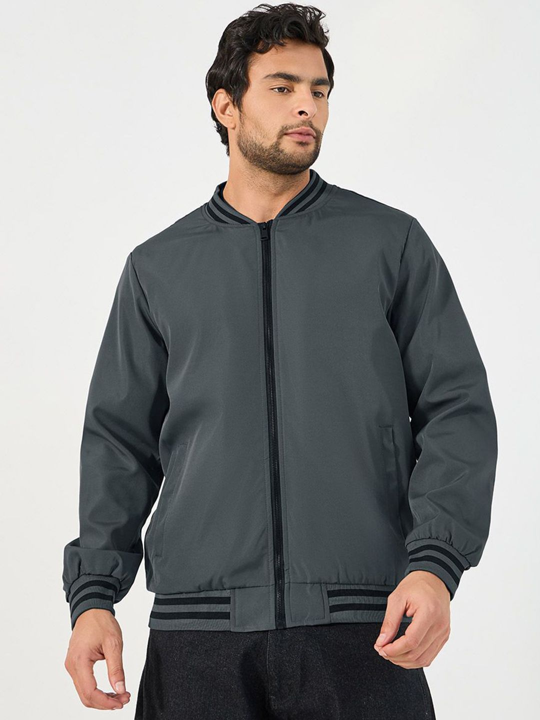 Styli Mandarin Collar Contrast Rib Detail Bomber Jacket