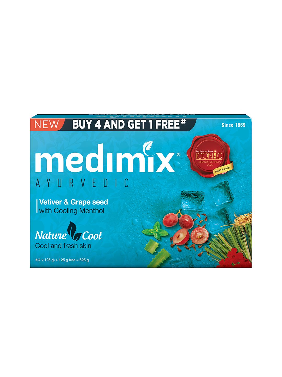 medimix AYURVEDIC Set Of 5 Nature Cool Soap With Vetiver, Grape Seed and Menthol - 625g