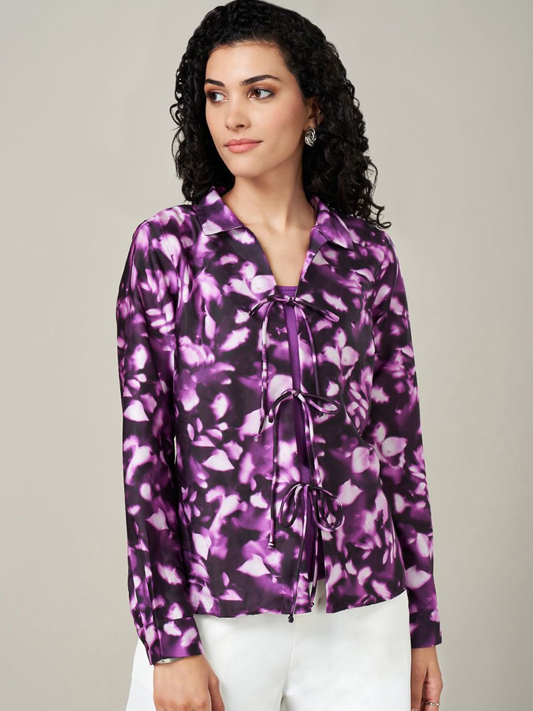 Annabelle by Pantaloons Women Floral Printed Shirt Collar Cuffed Sleeves Shirt Style Top