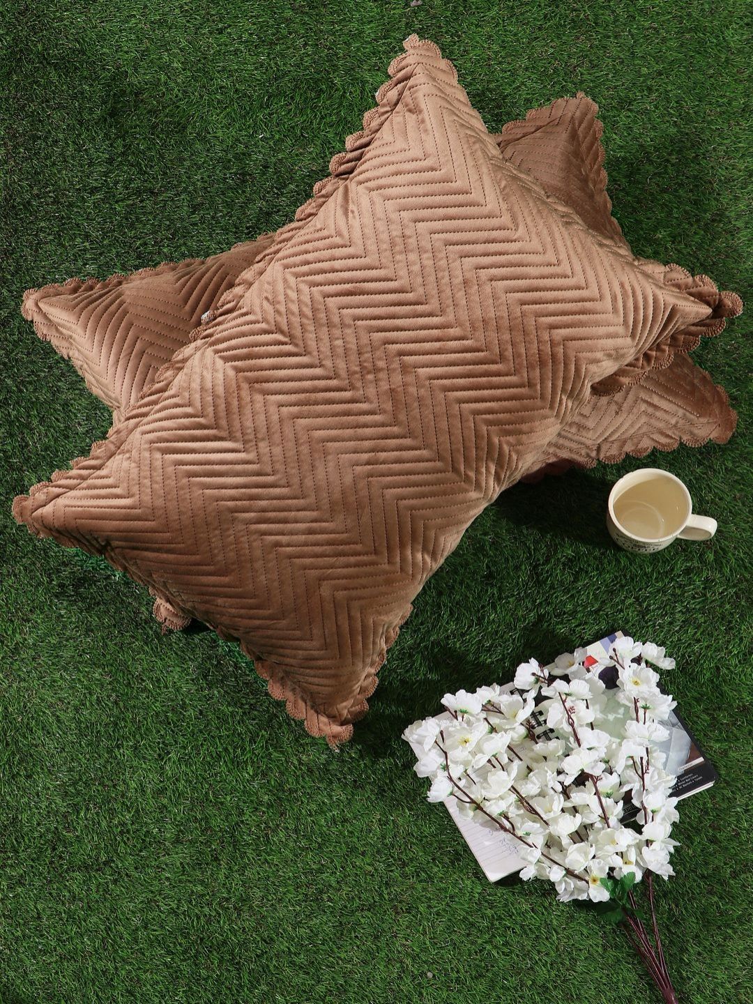 HOSTA HOMES HOSTA HOMES Brown 2 Pieces Self Design Velvet Rectangle Pillow Covers
