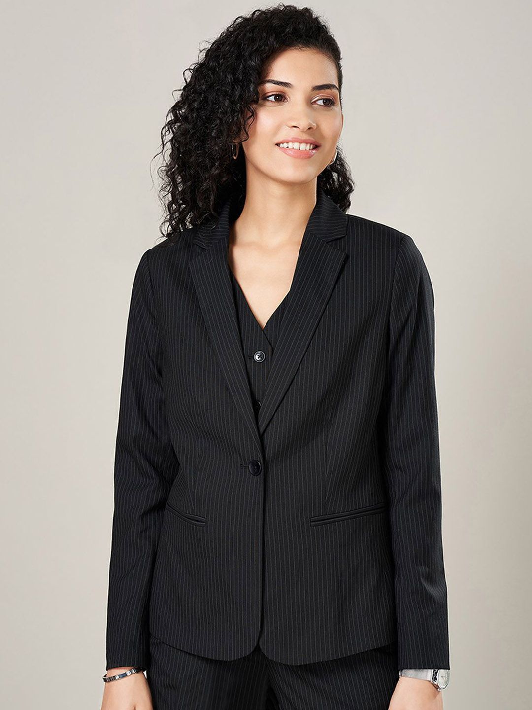 Annabelle by Pantaloons Striped Single Breasted Formal Blazer