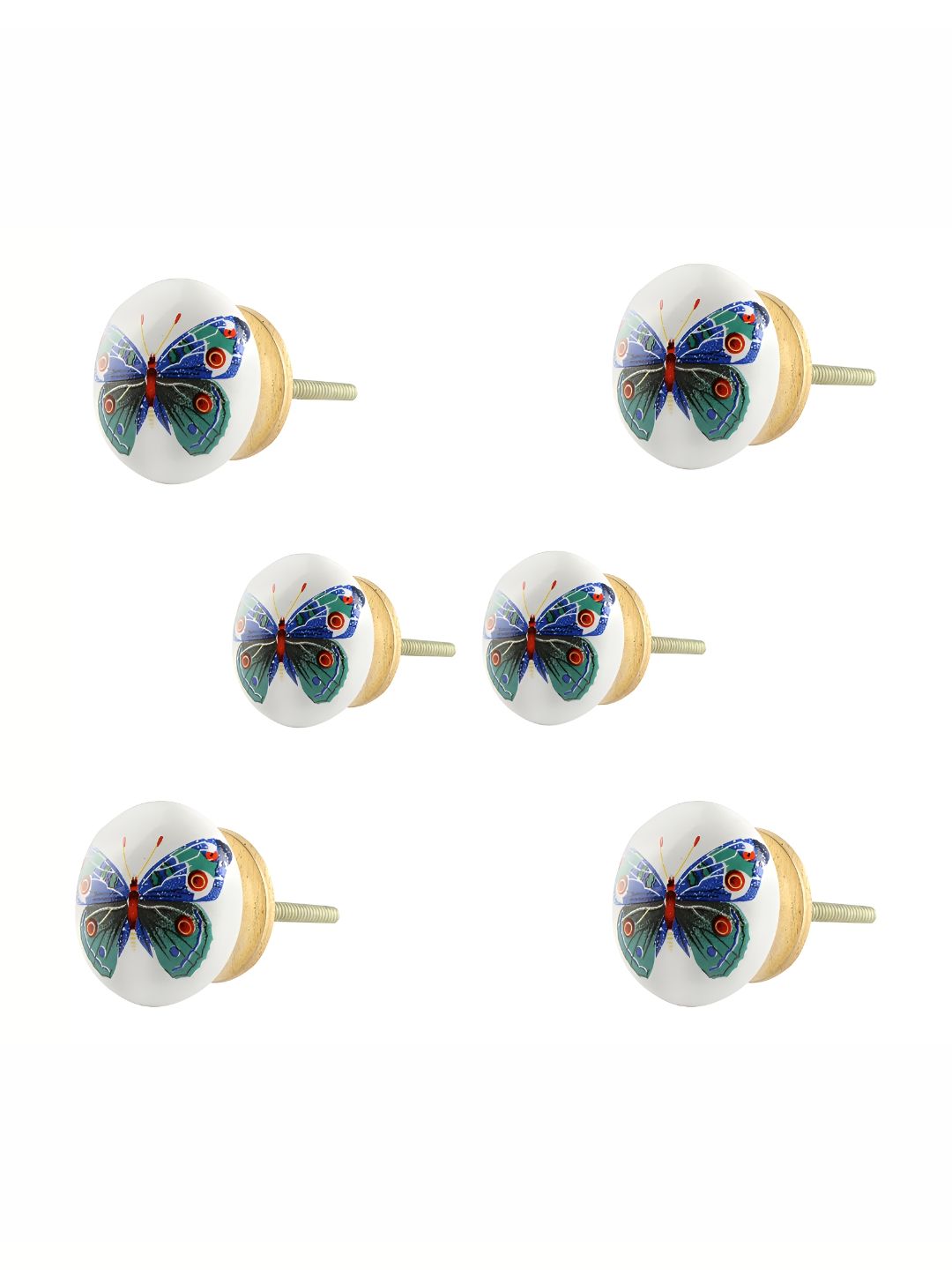 Indianshelf 6-Pcs White & Green Printed Ceramic Knobs