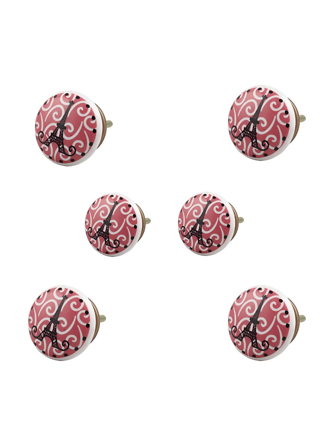 Indianshelf 6-Pcs Pink & White Printed Ceramic Knobs