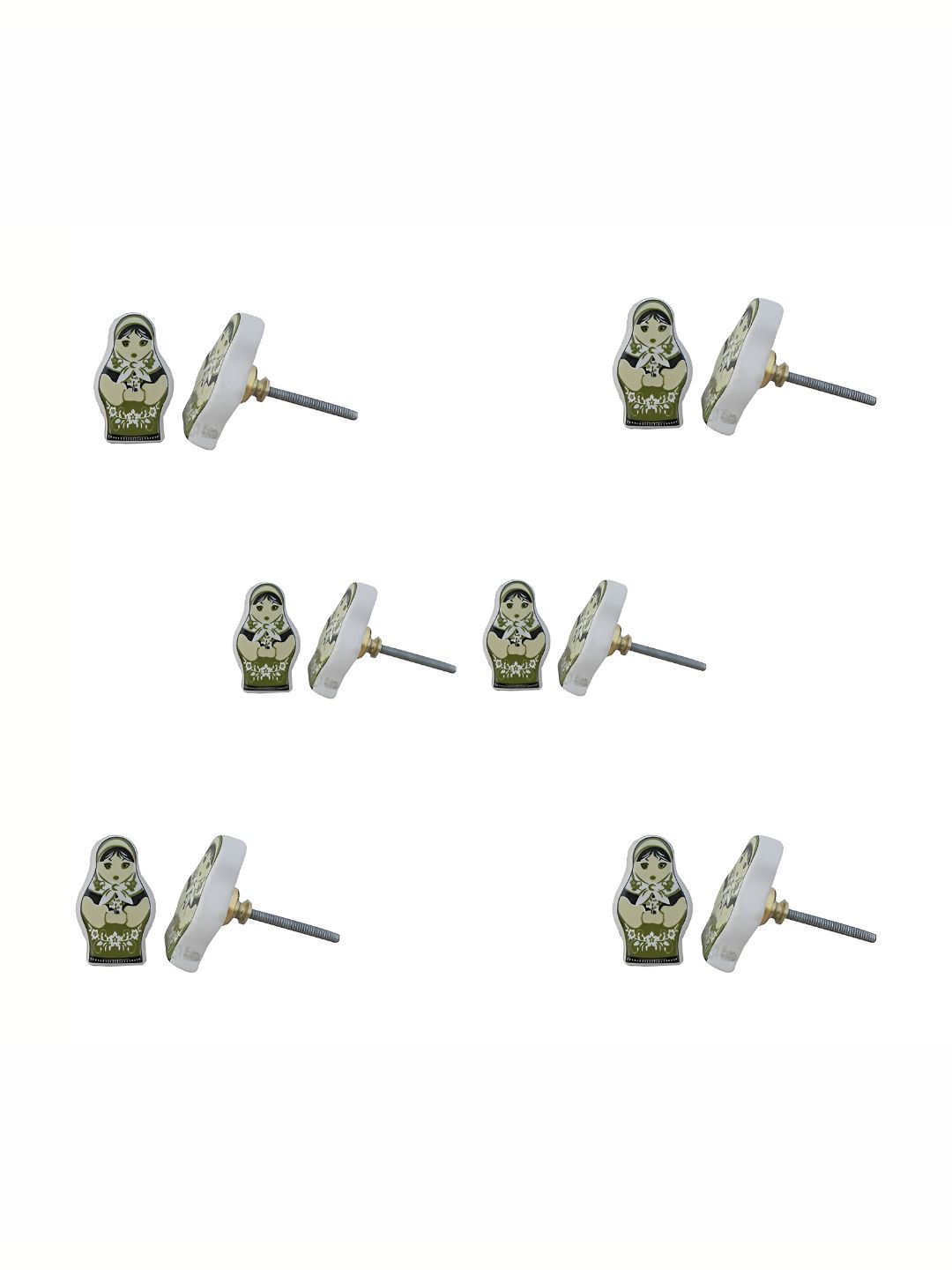 Indianshelf 6-Pcs White & Green Doll Printed Ceramic Knobs