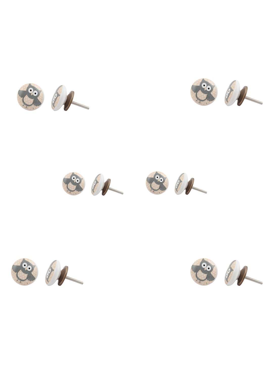 Indianshelf 6-Pcs White & Grey Owl Printed Ceramic Knobs