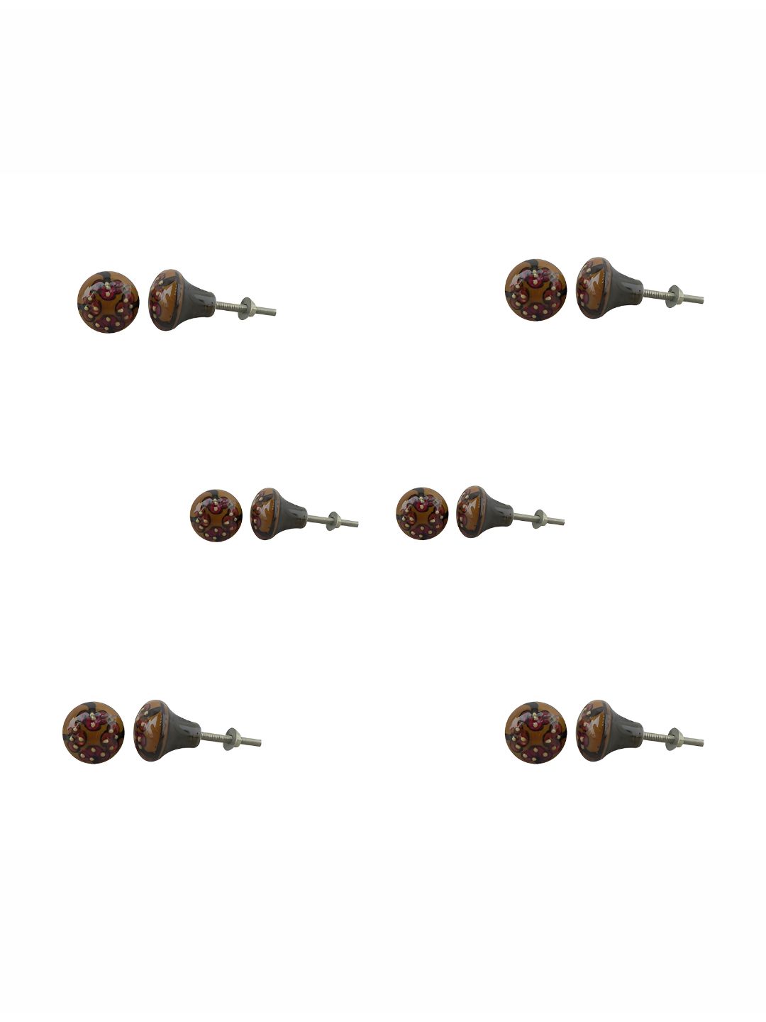 Indianshelf 6-Pcs Brown & Red Floral Printed Ceramic Knobs