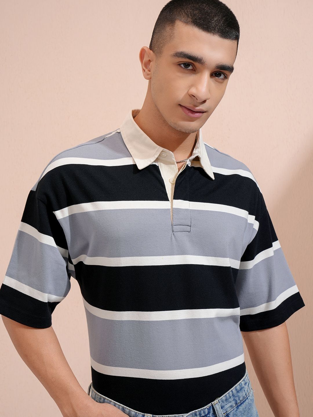 HIGHLANDER Men Striped Polo Collar Drop-Shoulder Sleeves Oversized T-shirt