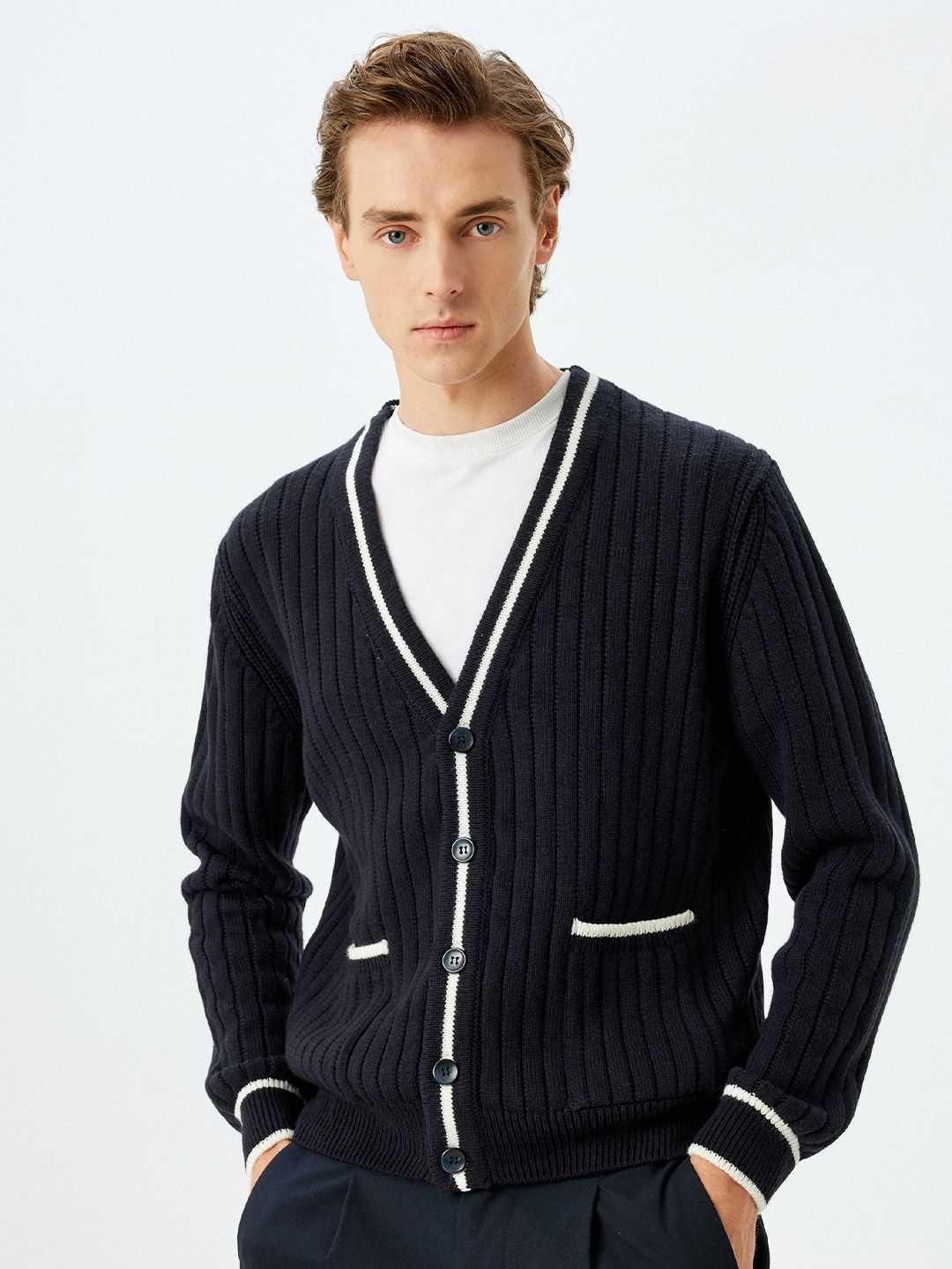 Koton Men Striped V-neck Long Sleeves Cardigan Sweaters
