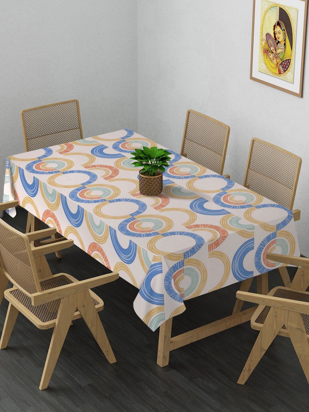 Arrabi Arrabi Cream-Coloured & Blue Geometric Printed 8-Seater Table Cover