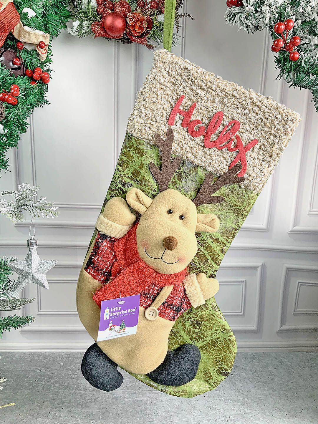Little Surprise Box Holly Lettering 3D Santa Hanging Gift 18 Inch Christmas Stocking