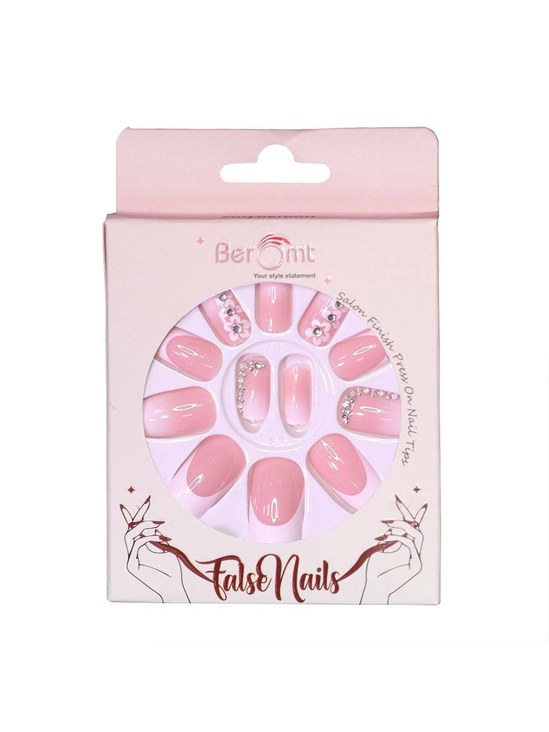 BEROMT Set Of 12 Stick On Printed Nails With Application Kit- BFN780BPN Pink