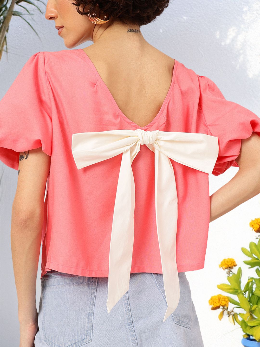 DressBerry Bow-Detail Puff Sleeve Flowy Top deal from myntra