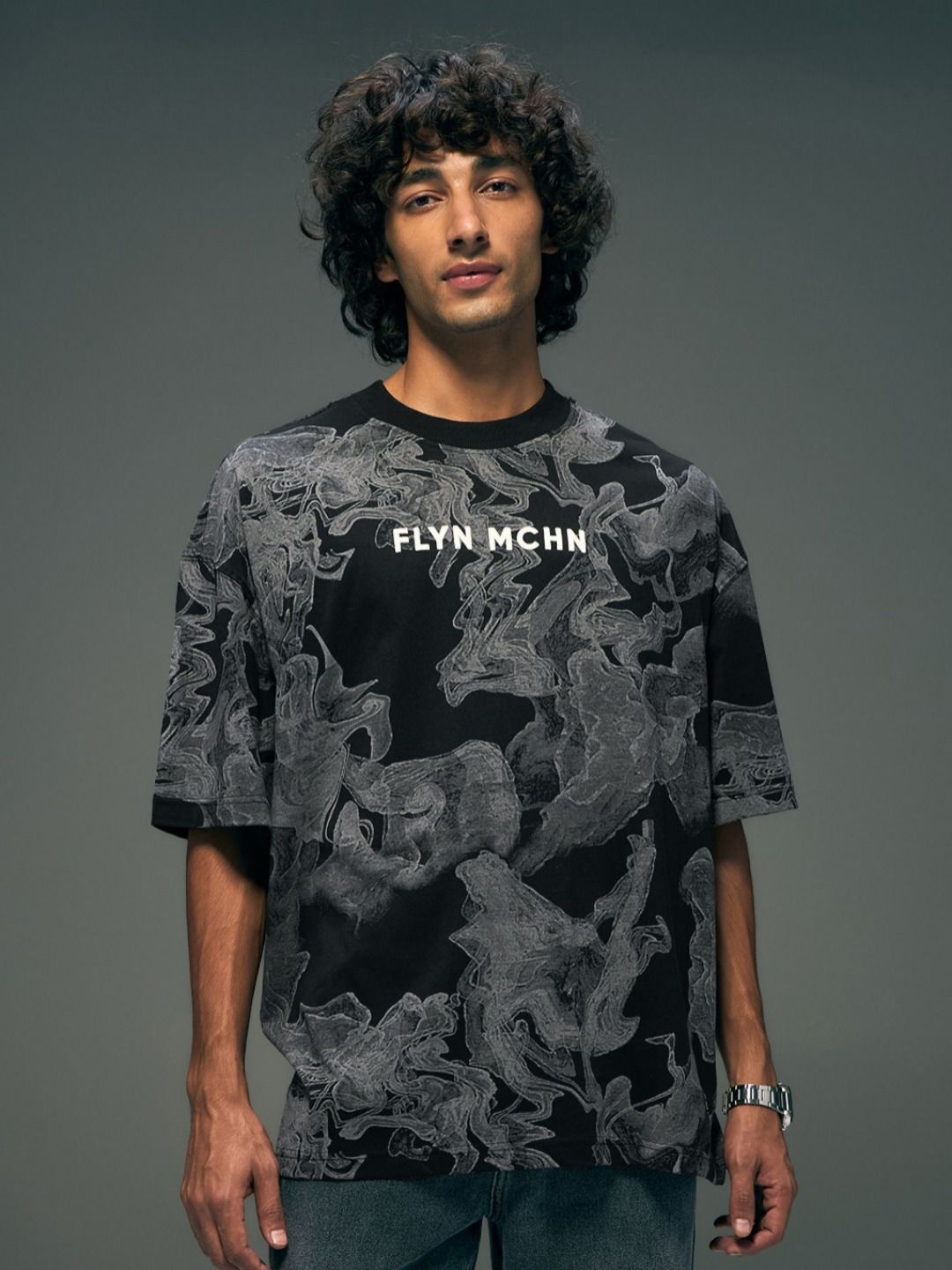 Flying Machine Abstract Printed Drop-Shoulder Sleeves Pure Cotton Oversized T-shirt