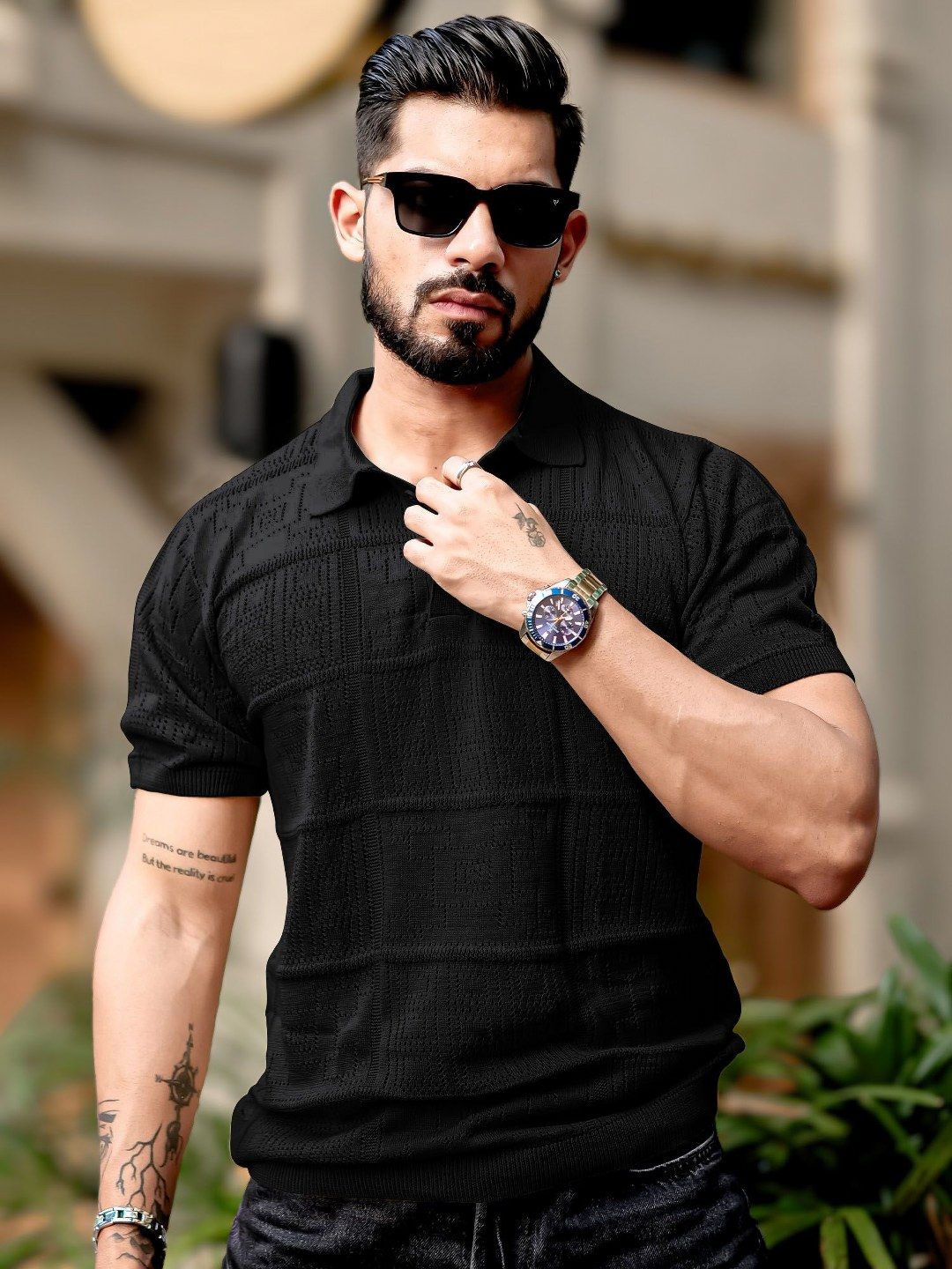 Maniac Men Black Pointelle Half Sleeve Polo T-Shirt