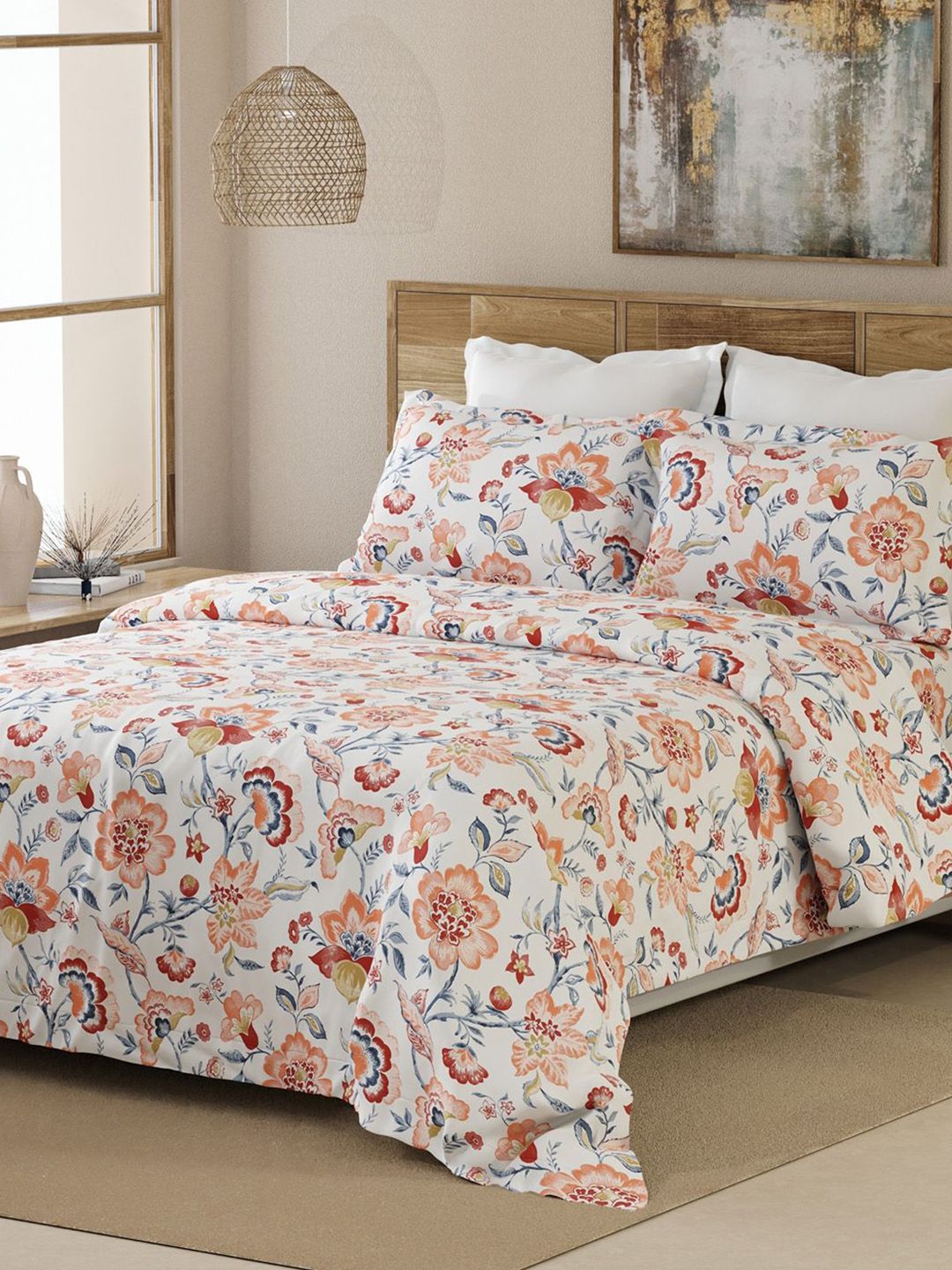 Cotton King Bedsheet Set Layers White & Brown Floral 144 TC King Bedsheet with 2 Pillow Covers