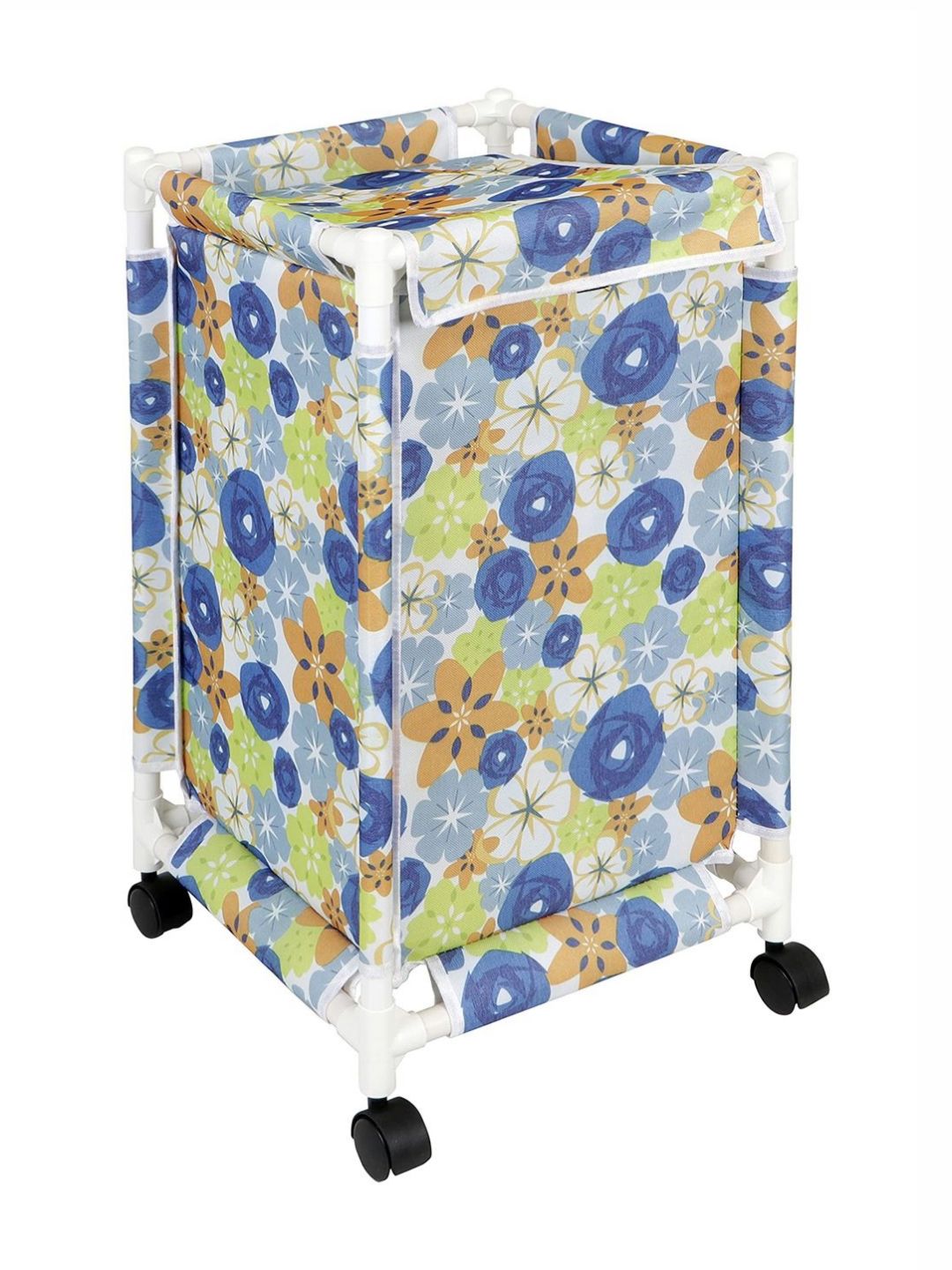HOKIPO Blue & Green Printed Laundry Basket With Lid Cover & Wheels