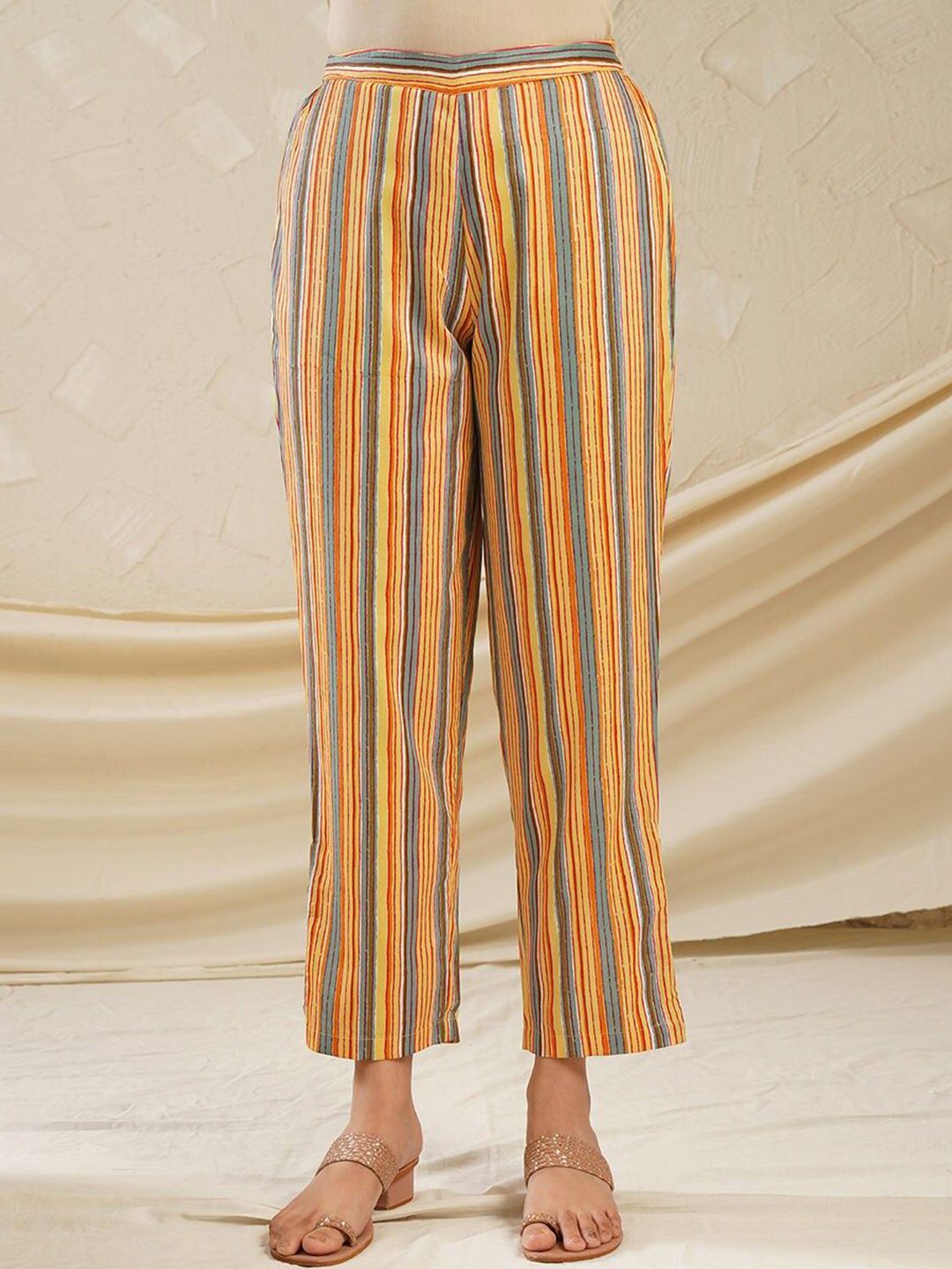 JAYPORE Women Striped Straight Fit Trousers