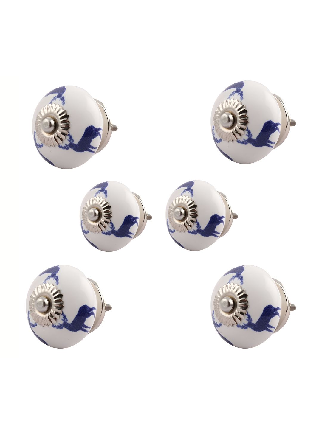 Indianshelf 6-Pcs White & Blue Printed Ceramic Knobs