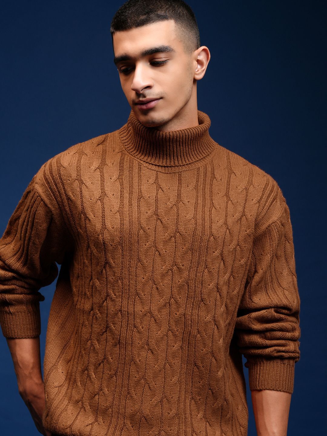 HIGHLANDER Men Cable Knit Turtle Neck Long Sleeves Pullover Sweaters