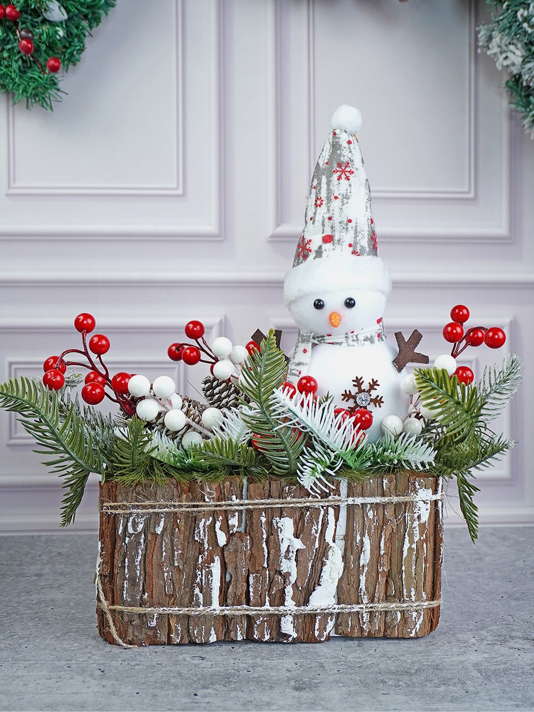 Little Surprise Box LLP Red & Green Snowman & Big Rectangular Wooden Log Christmas Table