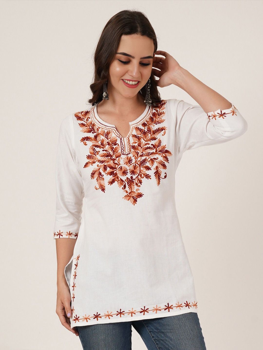 Brownverse Women Floral Embroidered Thread Work Pure Cotton Khadi Thread Work Kurti