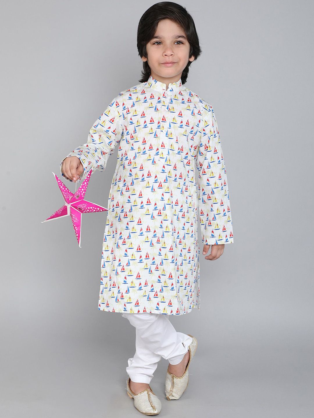Little Clothings Boys Geometric Printed Mandarin Collar Pure Cotton Kurta & Churidar