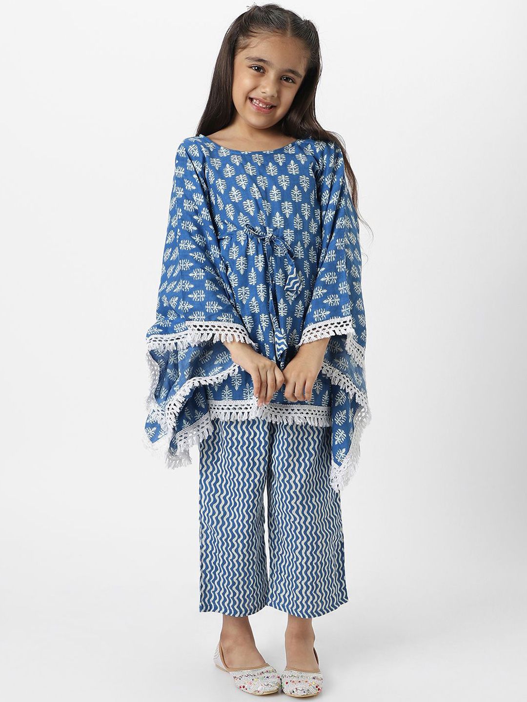 Nauti Nati Nautinati Girl's Block Printed Blue Kaftaan Ethnic Set