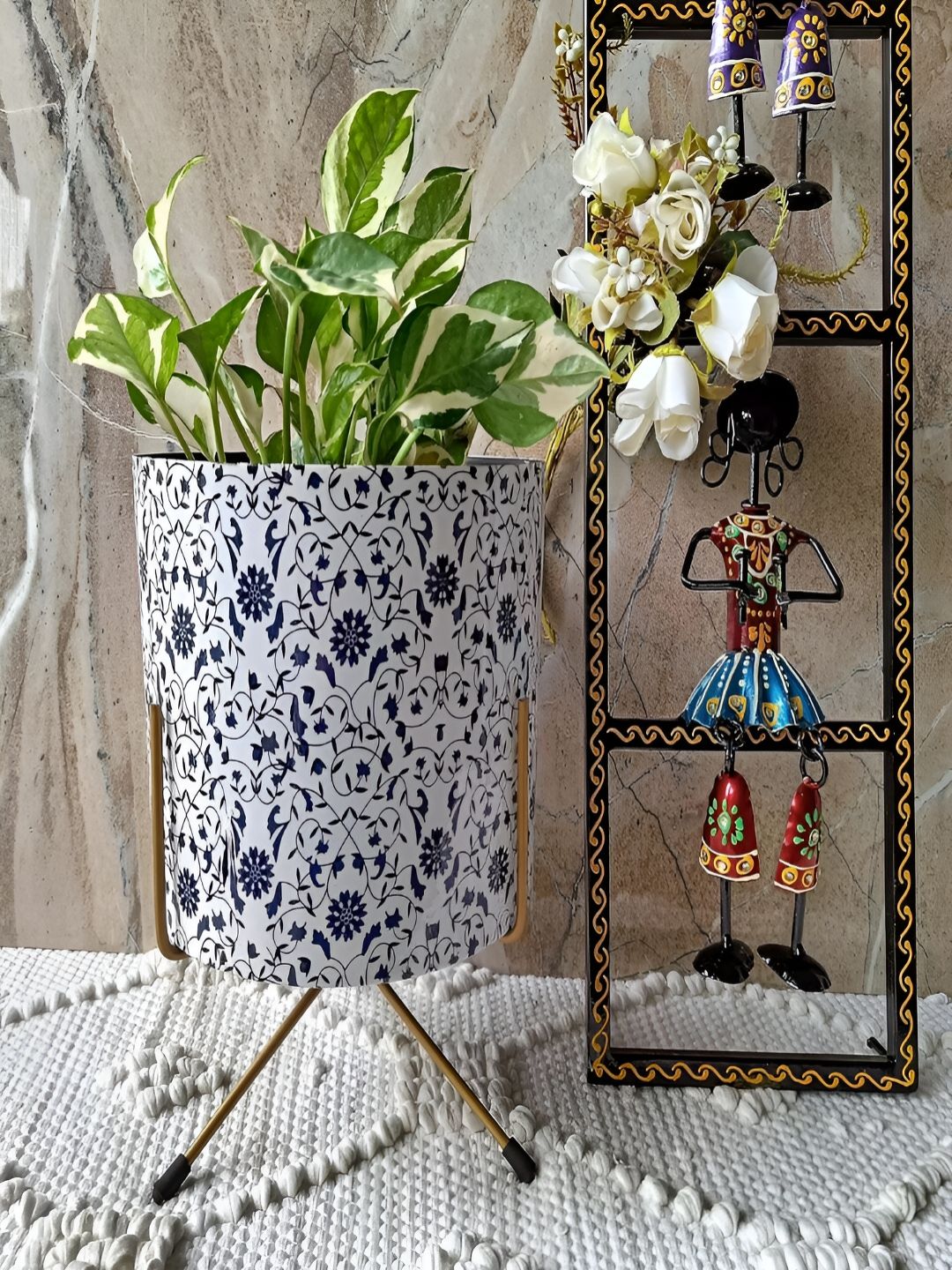 NIYARA White & Blue Floral Metal Planter