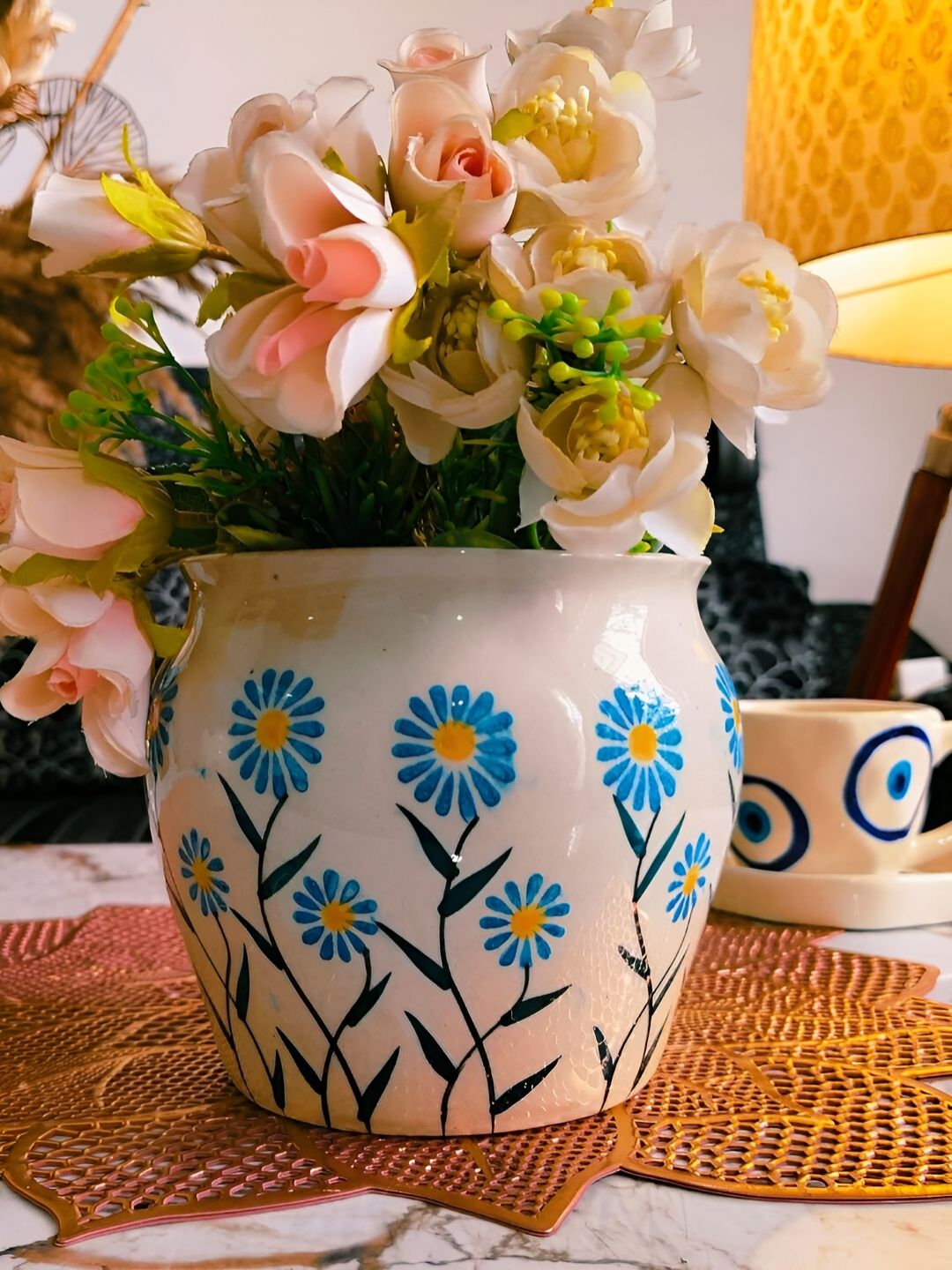 NIYARA White & Blue Printed Planter