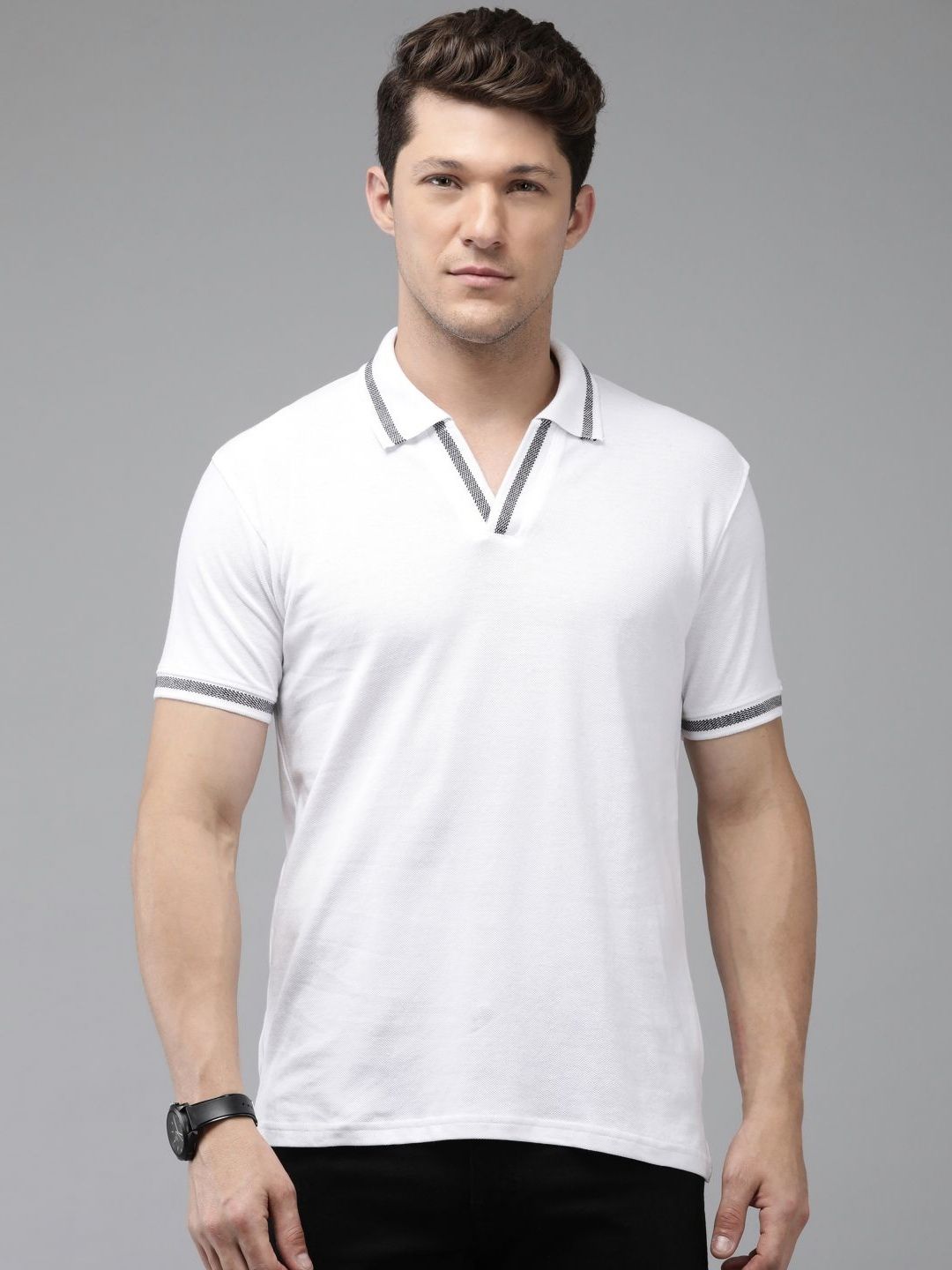 Provogue Men Polo Collar Raw Edge Slim Fit T-shirt