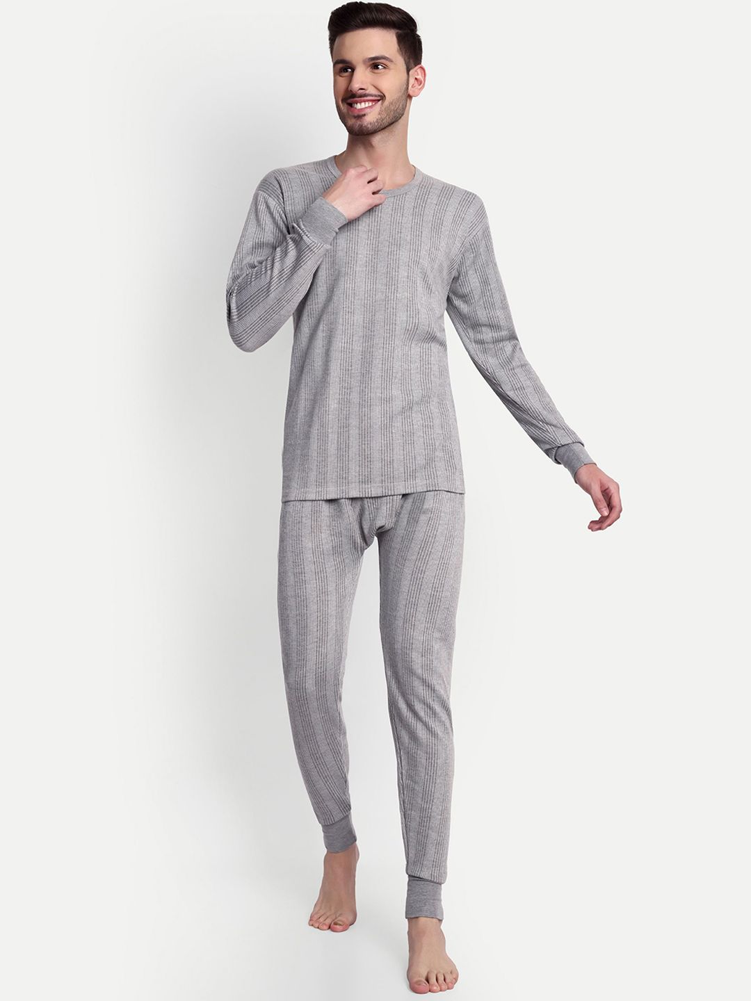 ZEFFIT Men Striped Snug Fit Cotton Thermal Set