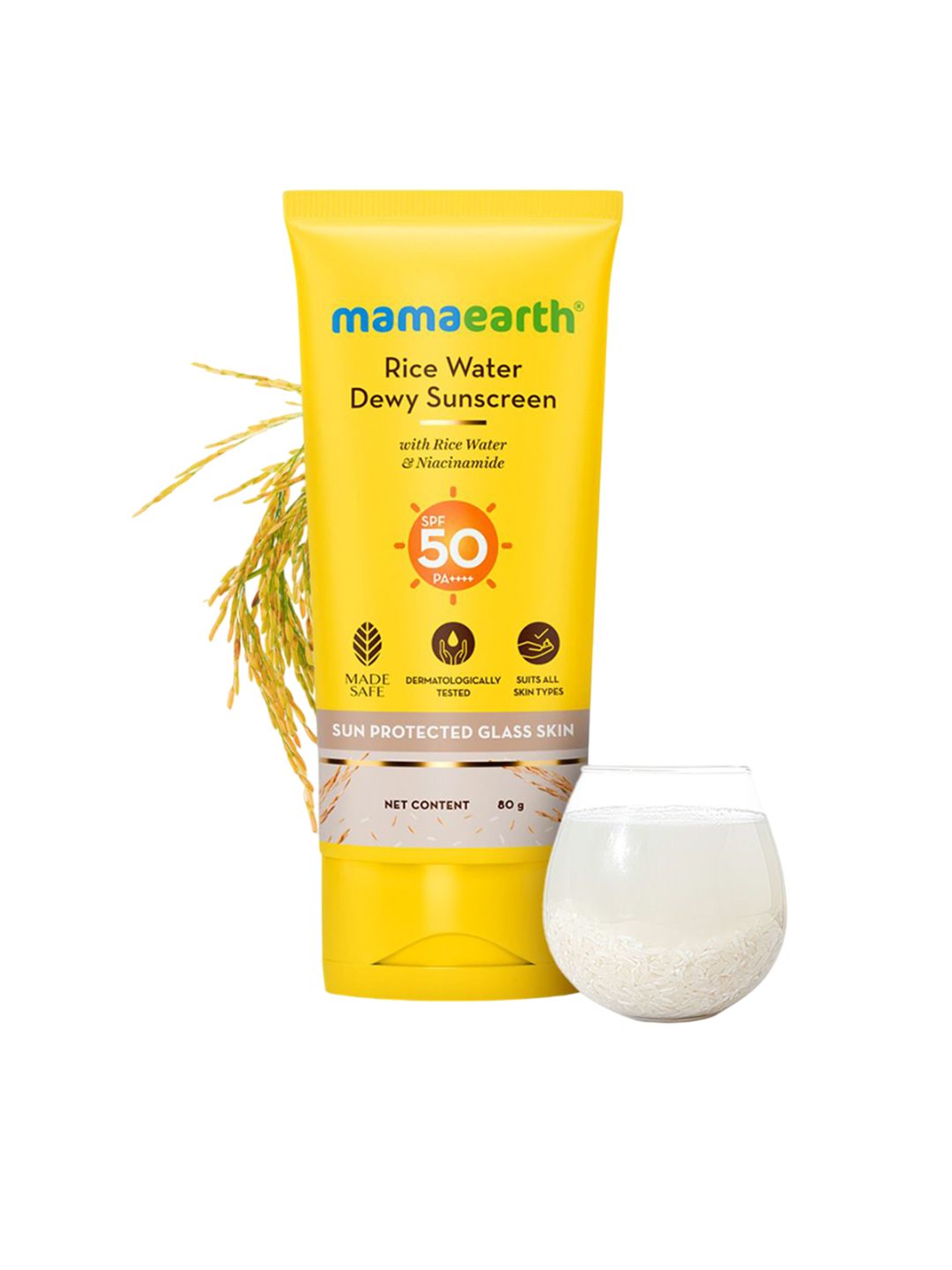 Rice Water Dewy Sunscreen 80g Mamaearth Rice Water Dewy SPF 50 & PA++++ Sunscreen With Aloevera & Niacinamide - 80g