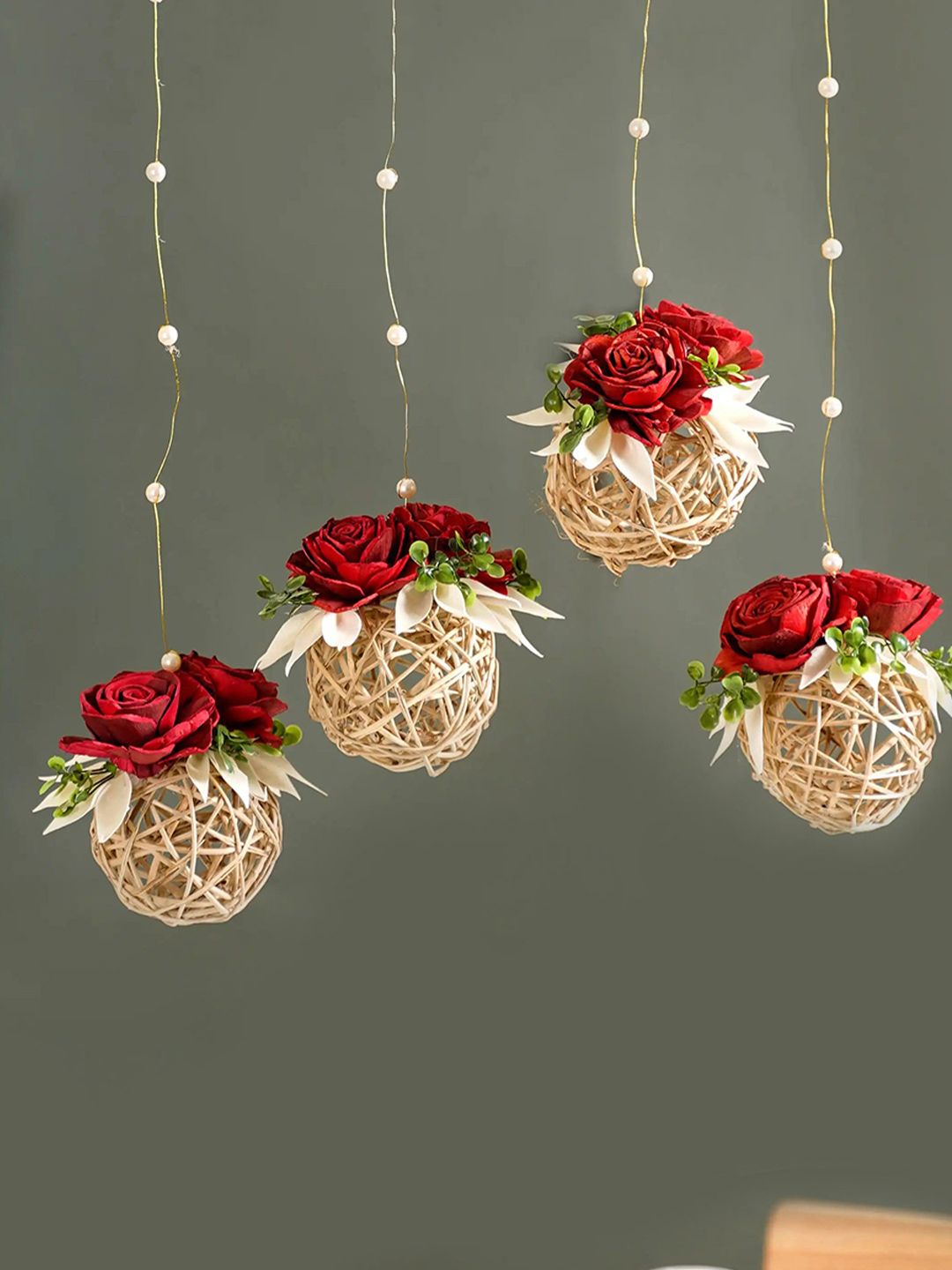 Nestasia Red & Beige Set Of 4 Rose Wall Hanging With Rattan Balls