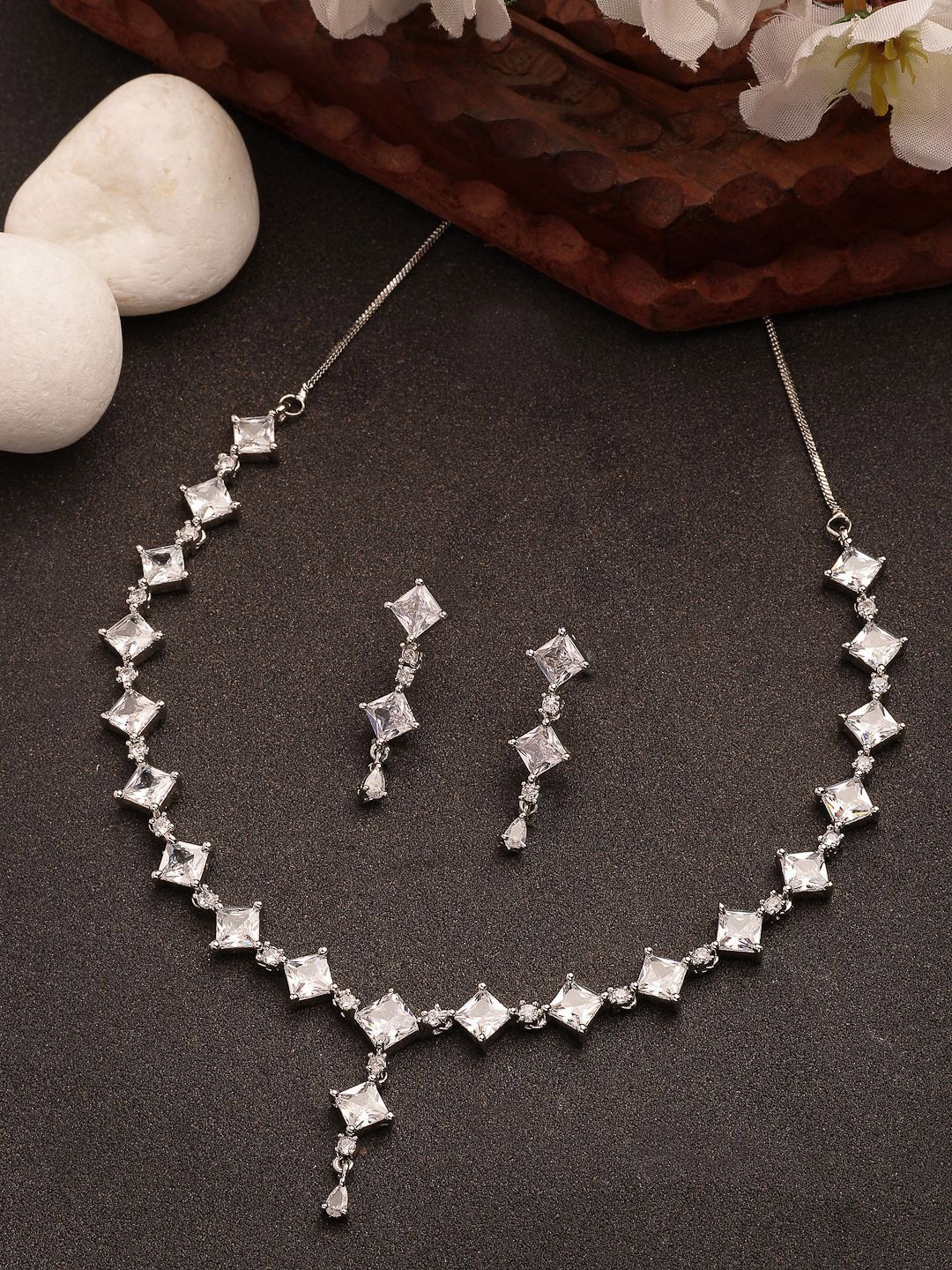 NVR Girls Silver Plated Cubic Zirconia Stone Studded Jewellery Set