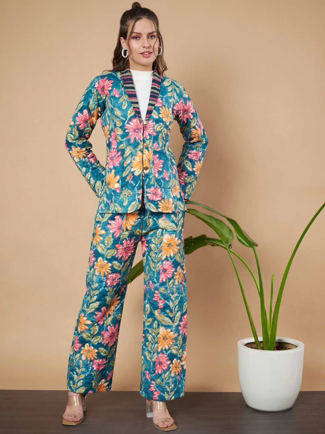 KALINI Floral Printed Shawl Neck Long Sleeves Pure Cotton Blazer & Trouser