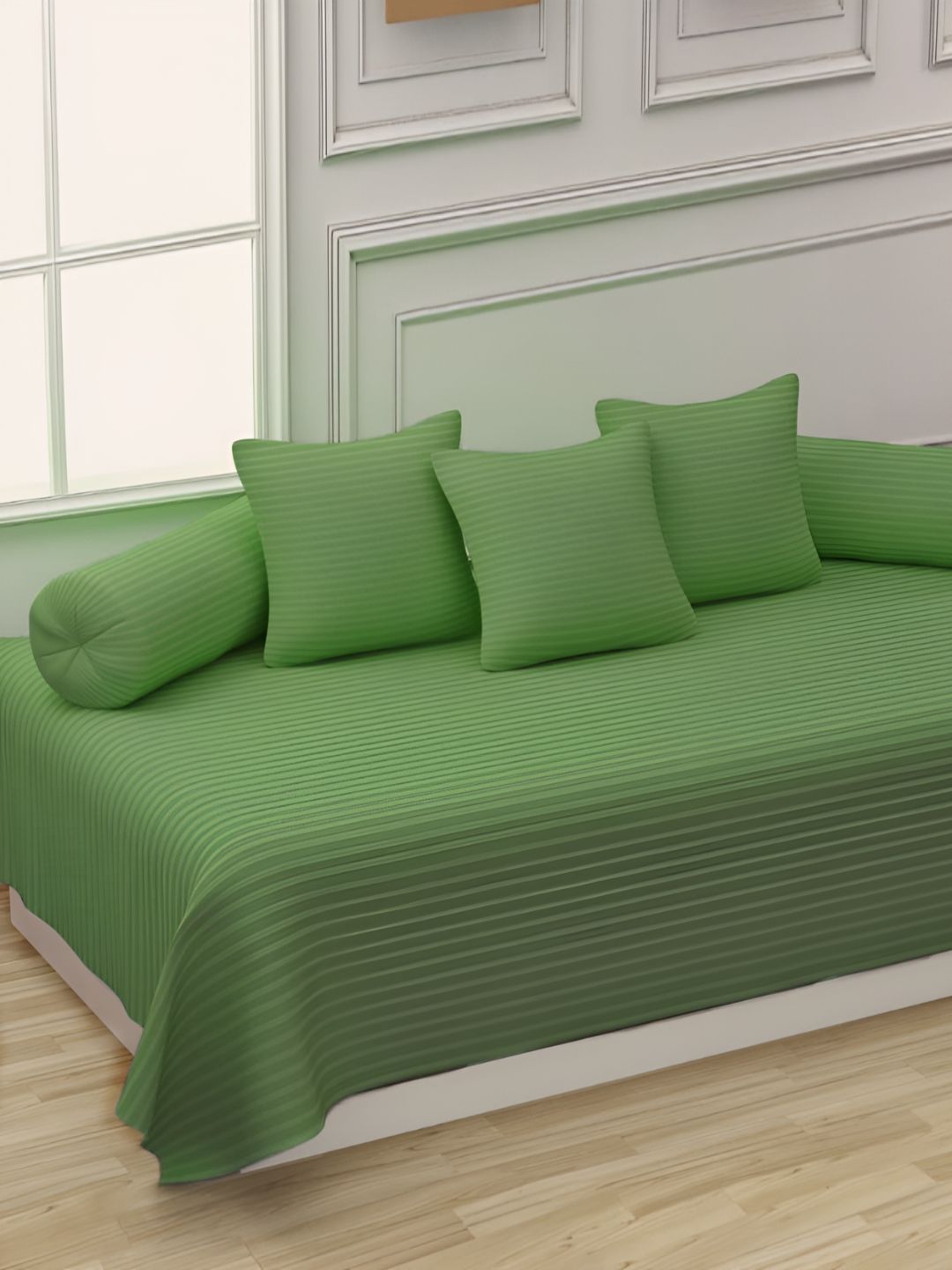 Trance Home Linen 6-Pcs Green Striped Cotton Diwan Set