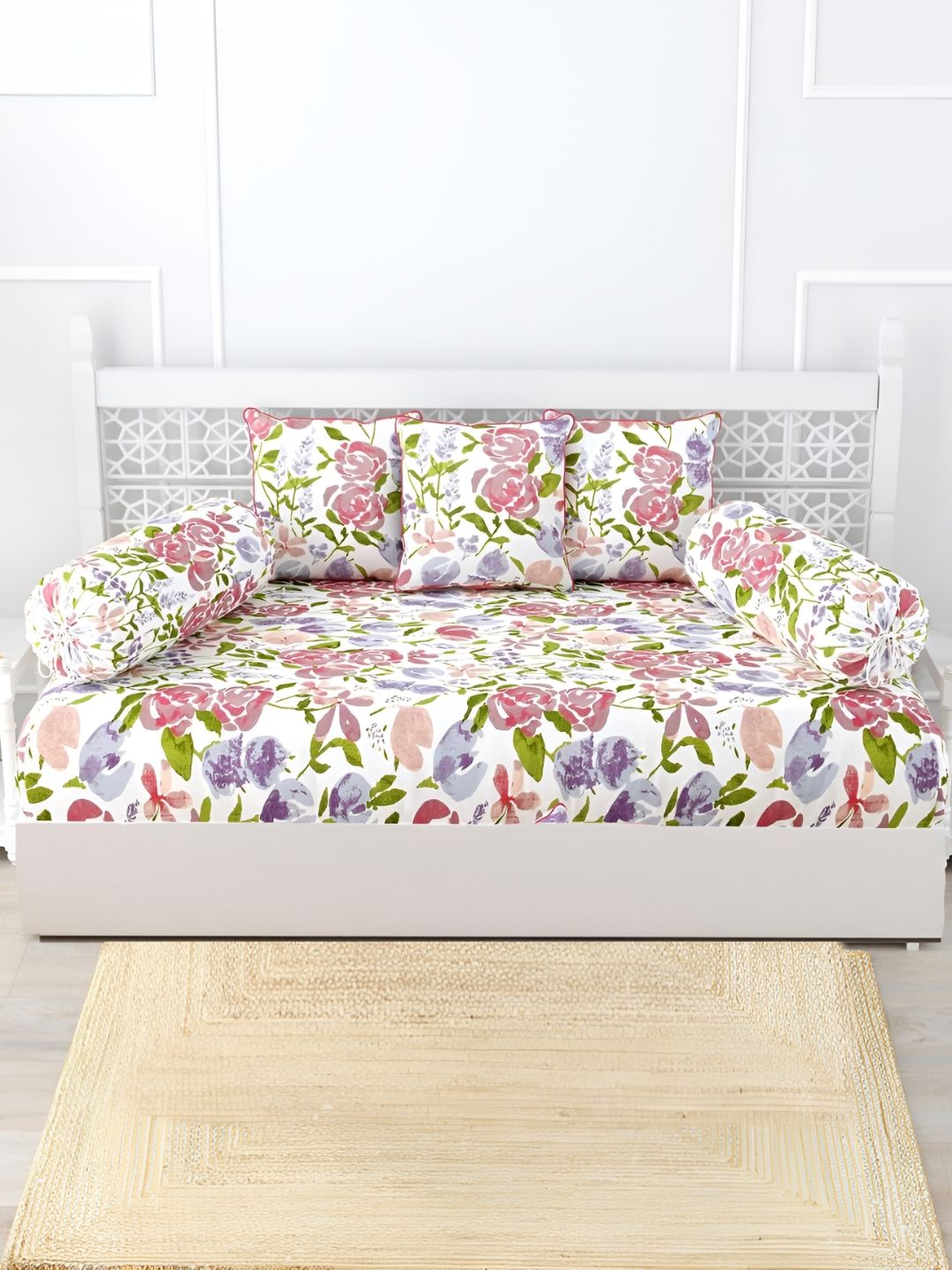 Trance Home Linen 6-Pcs White & Purple Printed Cotton Diwan Set