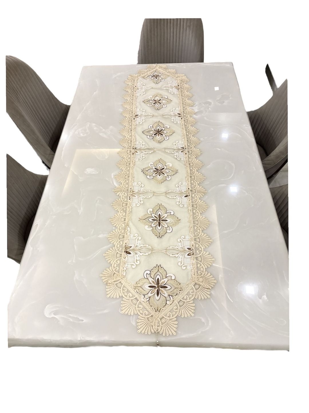 TANLOOMS Off-White & Brown Embroidered Dining Table Runner