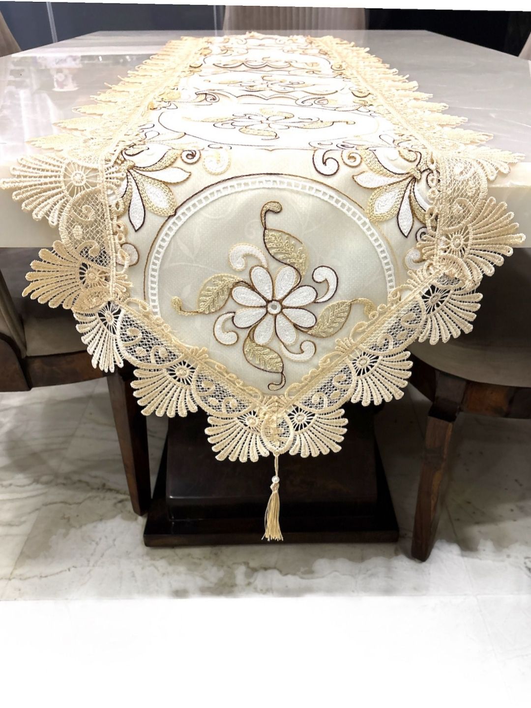 MONKDECOR Off-White & Brown Embroidered Dining Table Runner