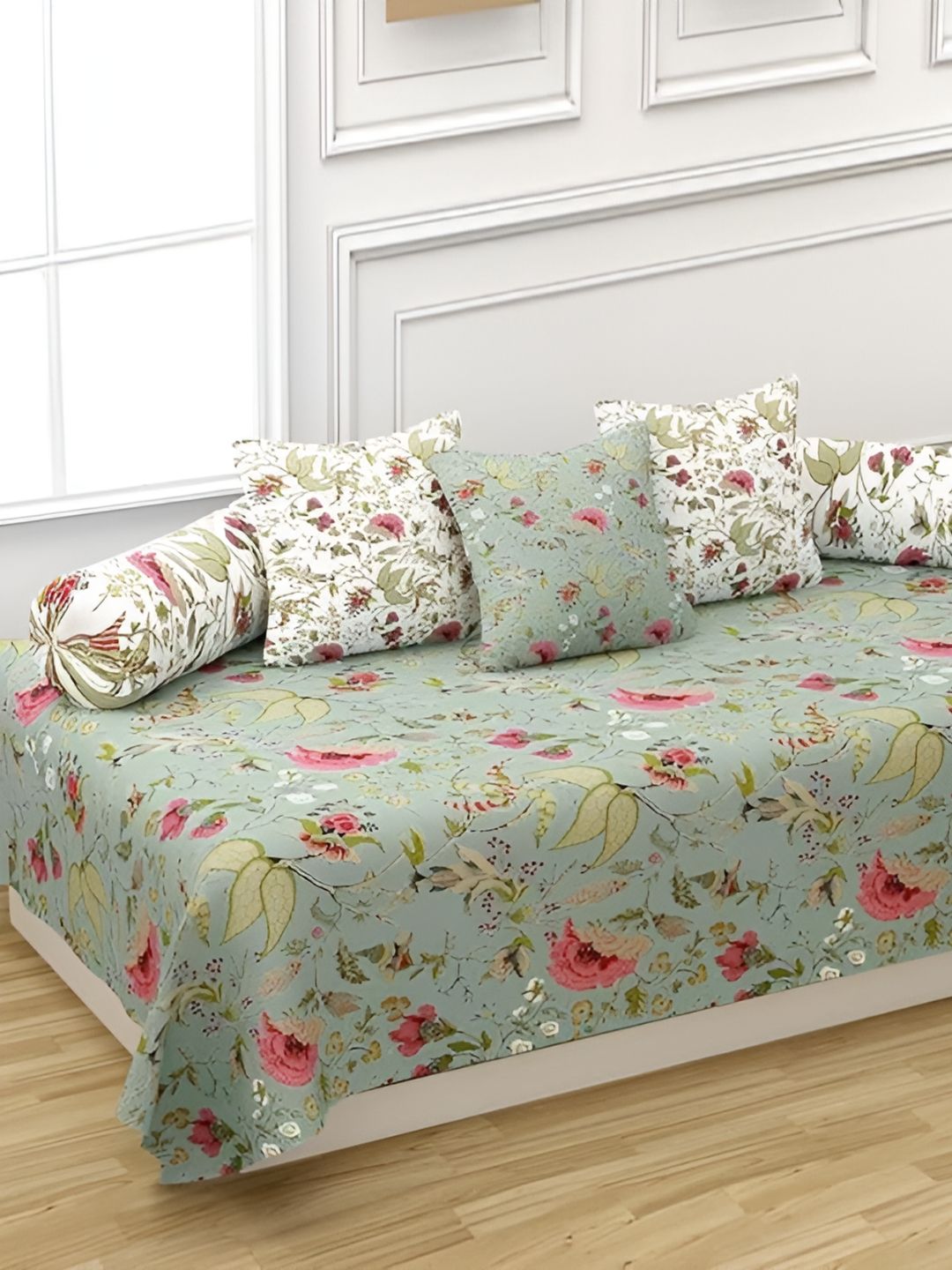 Trance Home Linen Set Of 6 Green & Pink Floral-Printed 200 TC  Diwan Set