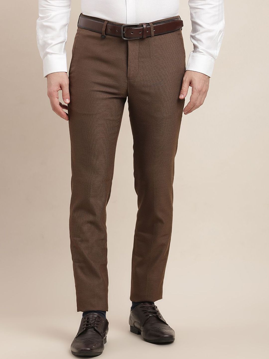Turtle Men Textured Tailored Skinny Fit Flat-Front Formal Trousers